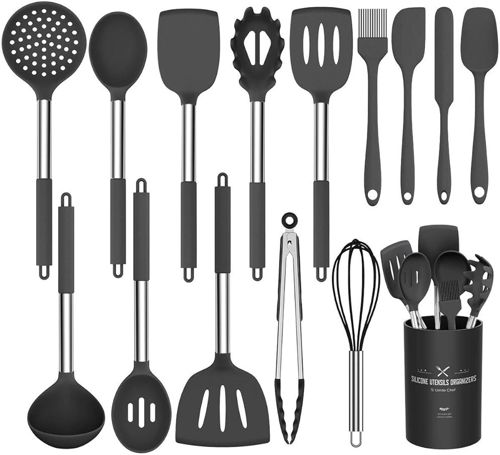 Silicone Cooking Utensil Set, Umite Chef 15pcs Silicone Cooking Kitchen Utensils Set, Non-stick - Best Kitchen Cookware with Stainless Steel Handle - Black Kitchen Utensils - Product Image
