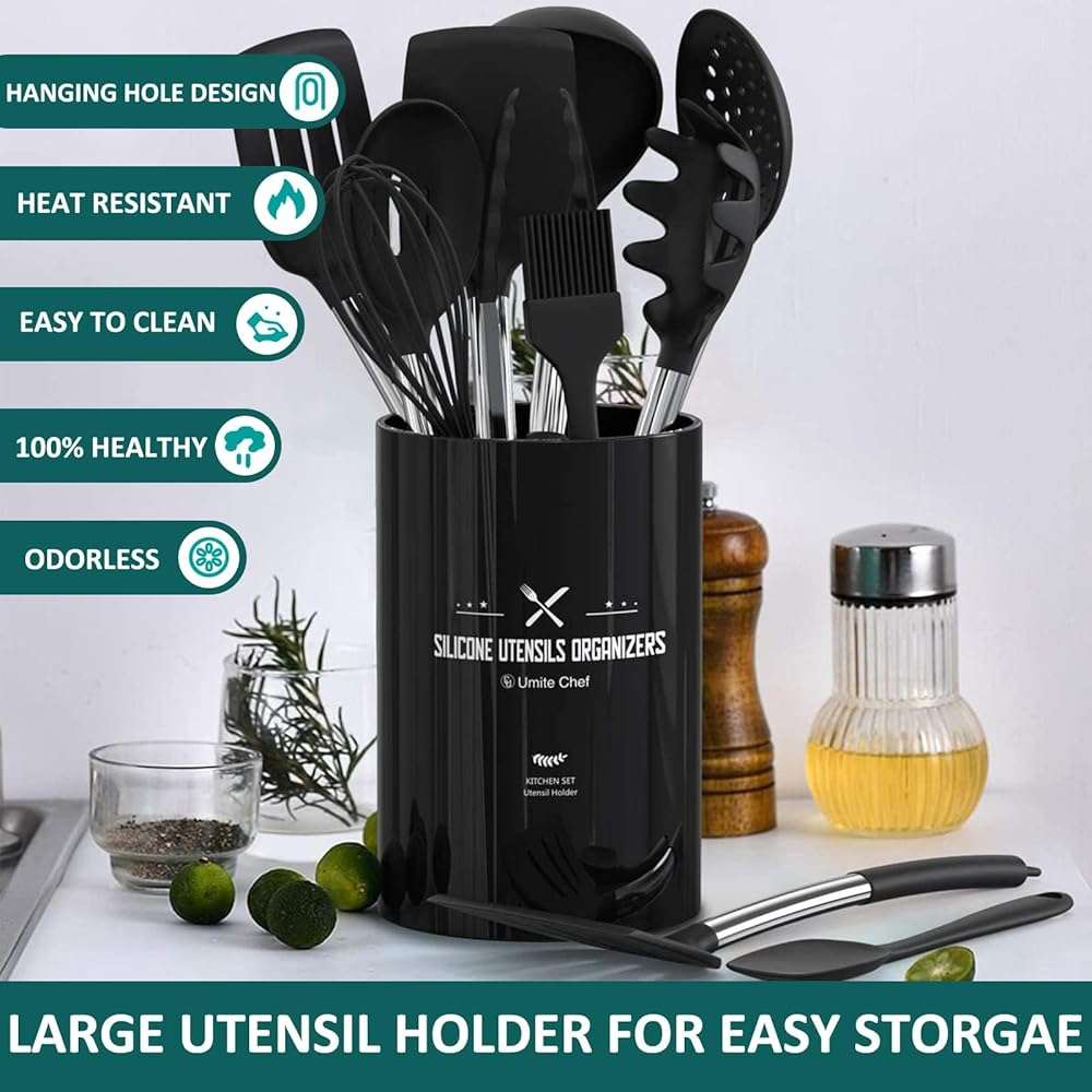 Silicone Cooking Utensil Set, Umite Chef 15pcs Silicone Cooking Kitchen Utensils Set, Non-stick - Best Kitchen Cookware with Stainless Steel Handle - Black Kitchen Utensils - Image 2