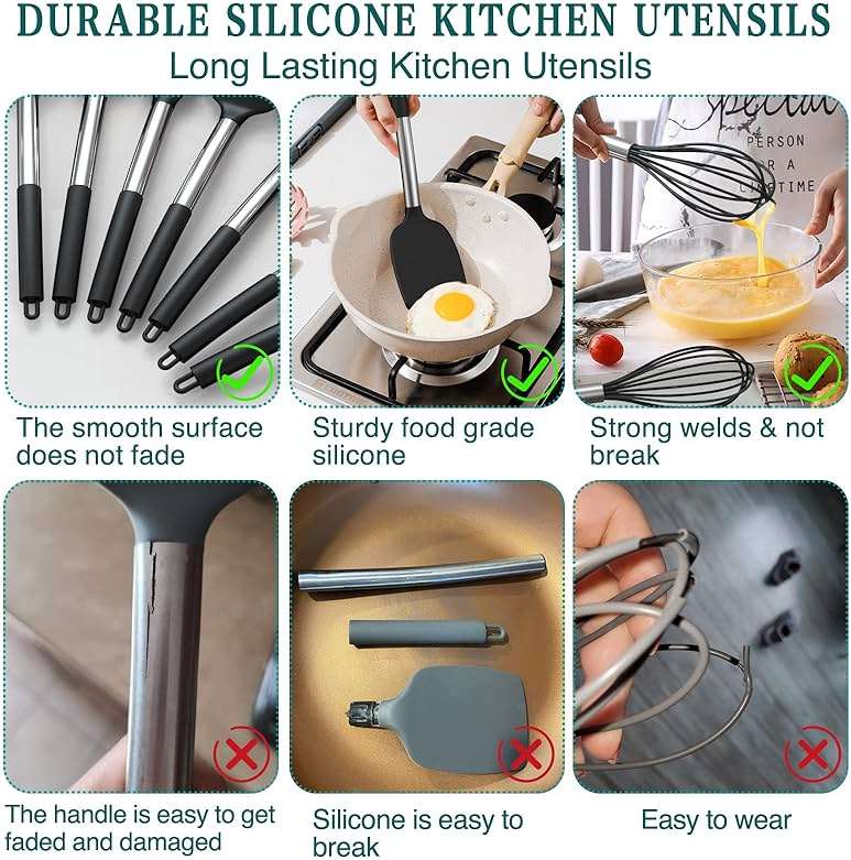 Silicone Cooking Utensil Set, Umite Chef 15pcs Silicone Cooking Kitchen Utensils Set, Non-stick - Best Kitchen Cookware with Stainless Steel Handle - Black Kitchen Utensils - Image 3