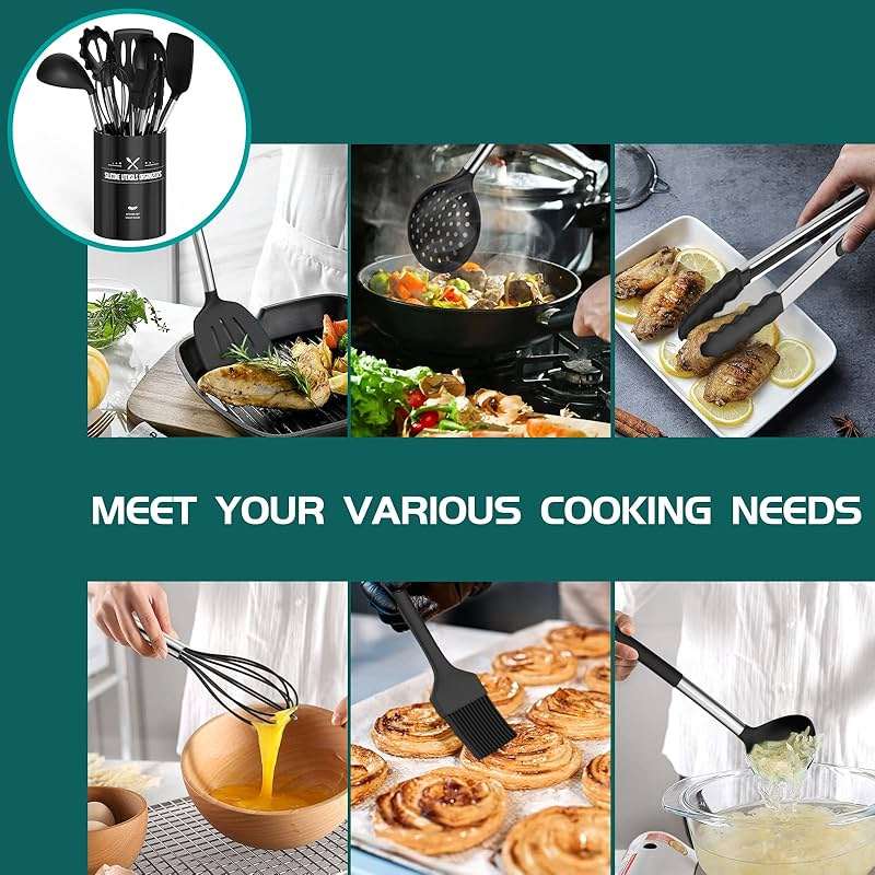 Silicone Cooking Utensil Set, Umite Chef 15pcs Silicone Cooking Kitchen Utensils Set, Non-stick - Best Kitchen Cookware with Stainless Steel Handle - Black Kitchen Utensils - Image 4