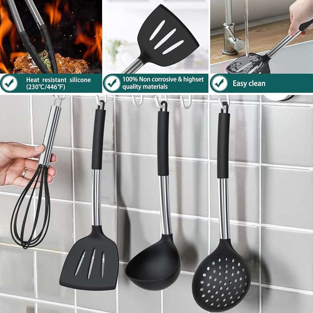 Silicone Cooking Utensil Set, Umite Chef 15pcs Silicone Cooking Kitchen Utensils Set, Non-stick - Best Kitchen Cookware with Stainless Steel Handle - Black Kitchen Utensils - Image 5
