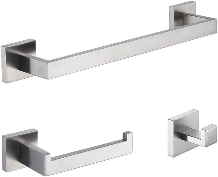 TASTOS 3-Piece Bathroom Hardware Set Brushed Nickel Wall Mounted Bathroom Accessory Set, Premium Stainless Steel Robe Hook Toilet Paper Holder 16-Inch Towel Bar (Silver) - Product Image