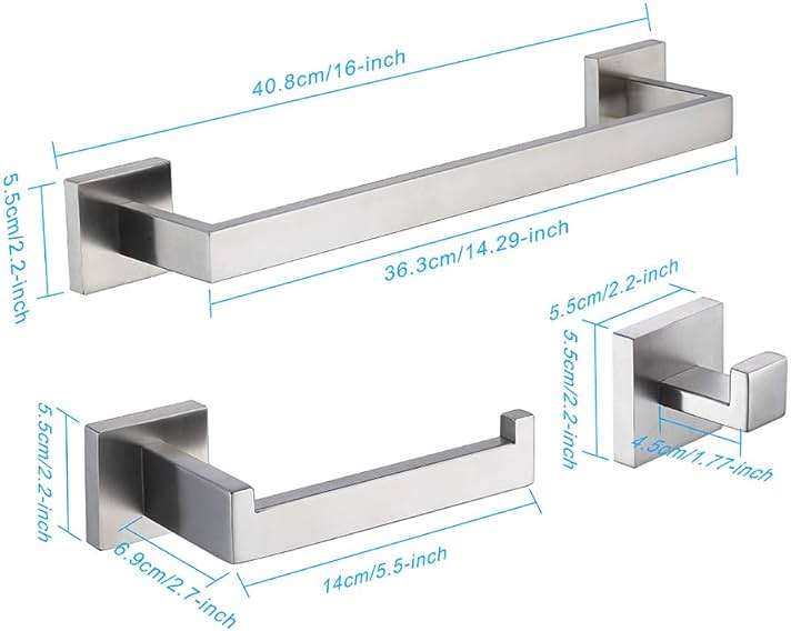 TASTOS 3-Piece Bathroom Hardware Set Brushed Nickel Wall Mounted Bathroom Accessory Set, Premium Stainless Steel Robe Hook Toilet Paper Holder 16-Inch Towel Bar (Silver) - Image 2