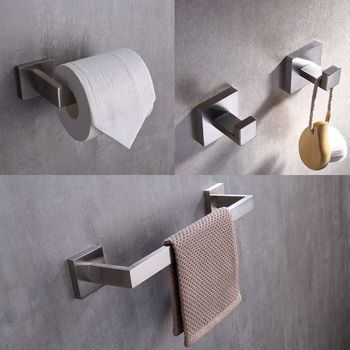 TASTOS 3-Piece Bathroom Hardware Set Brushed Nickel Wall Mounted Bathroom Accessory Set, Premium Stainless Steel Robe Hook Toilet Paper Holder 16-Inch Towel Bar (Silver) - Image 3
