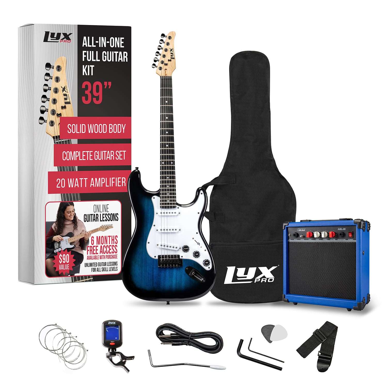 LyxPro 39 inch Electric Guitar Kit Bundle with 20w Amplifier, All Accessories, Digital Clip On Tuner, Six Strings, Two Picks, Tremolo Bar, Shoulder Strap, Case Bag Starter kit Full Size - Blue - Image 1
