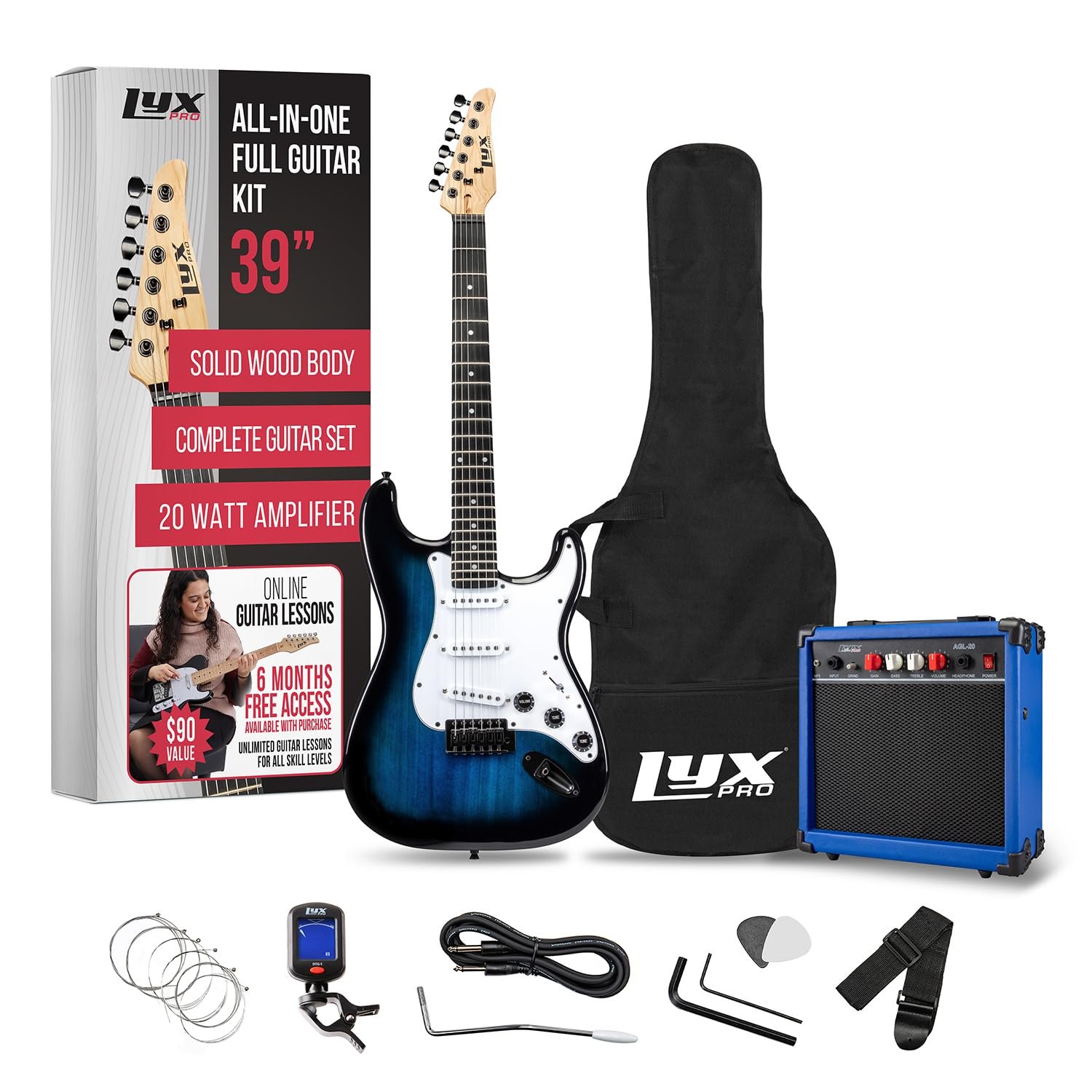 LyxPro 39 inch Electric Guitar Kit Bundle with 20w Amplifier, All Accessories, Digital Clip On Tuner, Six Strings, Two Picks, Tremolo Bar, Shoulder Strap, Case Bag Starter kit Full Size - Blue - Product Image