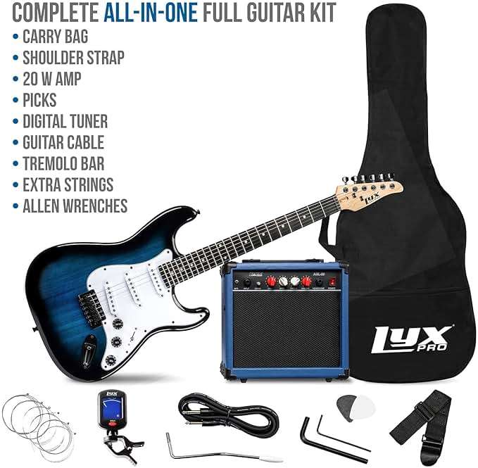 LyxPro 39 inch Electric Guitar Kit Bundle with 20w Amplifier, All Accessories, Digital Clip On Tuner, Six Strings, Two Picks, Tremolo Bar, Shoulder Strap, Case Bag Starter kit Full Size - Blue - Image 2