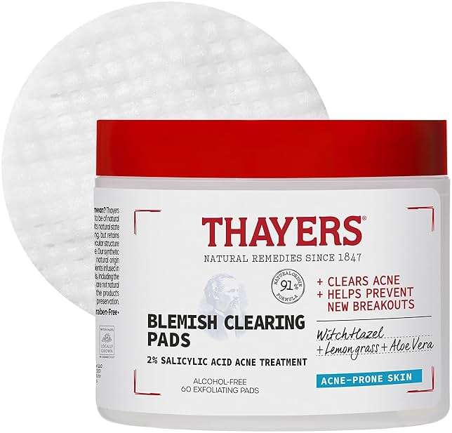 Thayers Blemish Clearing Acne Pads, Salicylic Acid Acne Treatment for Face, Pore Reducing, Exfoliating, and Soothing Skincare, Witch Hazel Toner Pads, 60 Ct - Image 1