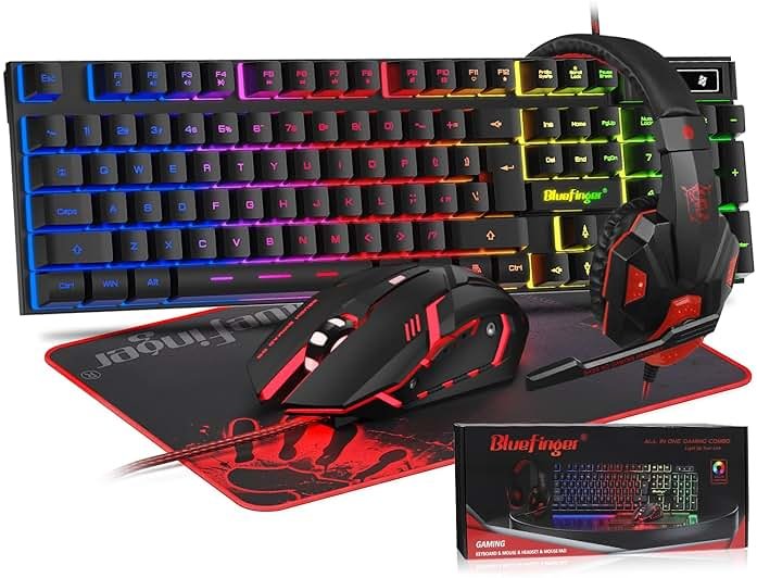 BlueFinger RGB Gaming Keyboard and Backlit Mouse and Headset Combo, USB Wired Backlit Keyboard, LED Gaming Mouse Set, Headset with Microphone for Laptop PC Computer Game and Work - Product Image
