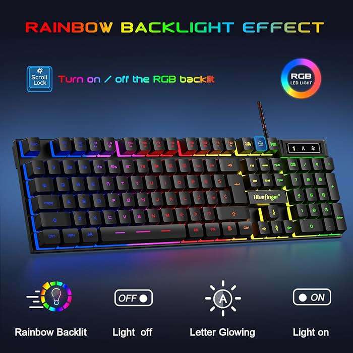BlueFinger RGB Gaming Keyboard and Backlit Mouse and Headset Combo, USB Wired Backlit Keyboard, LED Gaming Mouse Set, Headset with Microphone for Laptop PC Computer Game and Work - Image 2