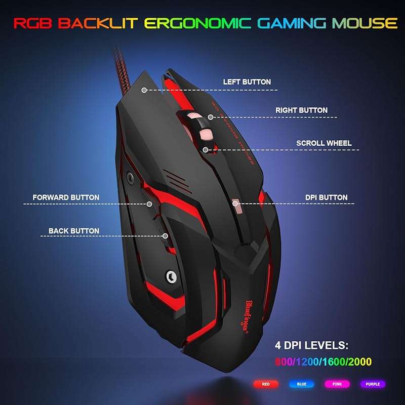 BlueFinger RGB Gaming Keyboard and Backlit Mouse and Headset Combo, USB Wired Backlit Keyboard, LED Gaming Mouse Set, Headset with Microphone for Laptop PC Computer Game and Work - Image 4