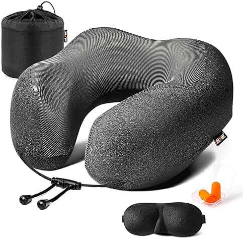 MLVOC Travel Pillow 100% Pure Memory Foam Neck Pillow, Comfortable & Breathable Cover, Machine Washable, Airplane Travel Kit with 3D Contoured Eye Masks, Earplugs, and Luxury Bag, Standard (Black) - Image 1