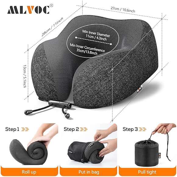 MLVOC Travel Pillow 100% Pure Memory Foam Neck Pillow, Comfortable & Breathable Cover, Machine Washable, Airplane Travel Kit with 3D Contoured Eye Masks, Earplugs, and Luxury Bag, Standard (Black) - Image 2