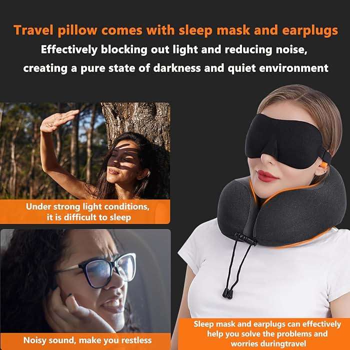 MLVOC Travel Pillow 100% Pure Memory Foam Neck Pillow, Comfortable & Breathable Cover, Machine Washable, Airplane Travel Kit with 3D Contoured Eye Masks, Earplugs, and Luxury Bag, Standard (Black) - Image 4