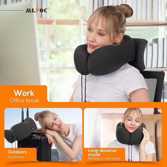 MLVOC Travel Pillow 100% Pure Memory Foam Neck Pillow, Comfortable & Breathable Cover, Machine Washable, Airplane Travel Kit with 3D Contoured Eye Masks, Earplugs, and Luxury Bag, Standard (Black) - Image 7