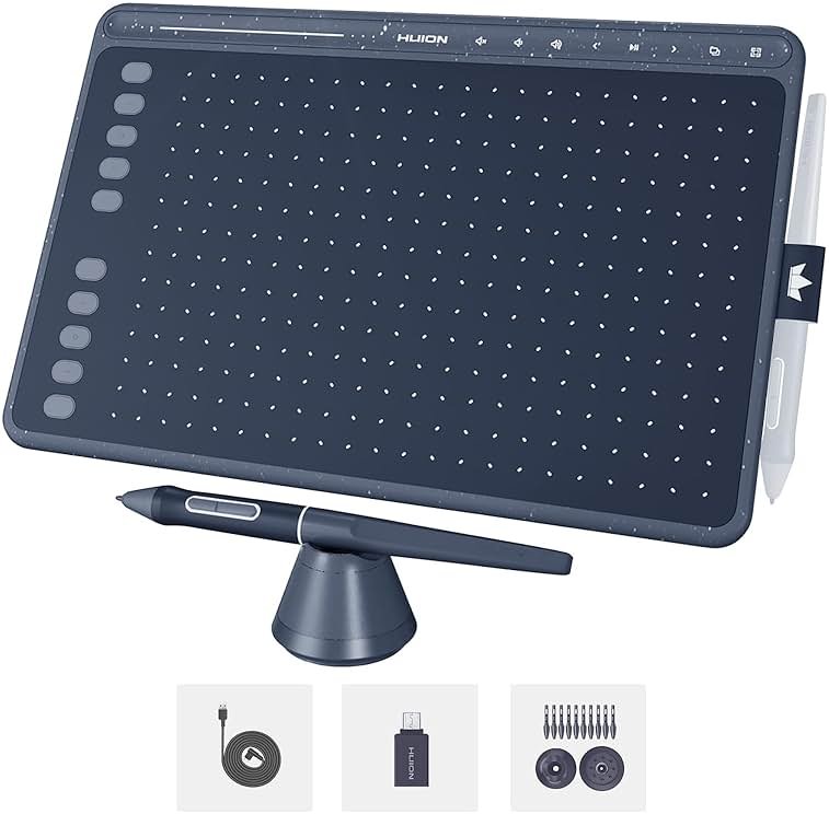 HUION HS611 Graphics Drawing Tablet Android Support Digital Art Tablet with Battery-Free Stylus 8192 Pen Pressure Tilt 8 Multimedia Keys 10 Hot Keys and Touch Ring, 10x6 inch Drawing Pad, Space Grey - Product Image