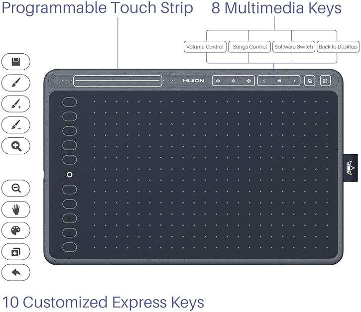 HUION HS611 Graphics Drawing Tablet Android Support Digital Art Tablet with Battery-Free Stylus 8192 Pen Pressure Tilt 8 Multimedia Keys 10 Hot Keys and Touch Ring, 10x6 inch Drawing Pad, Space Grey - Image 2