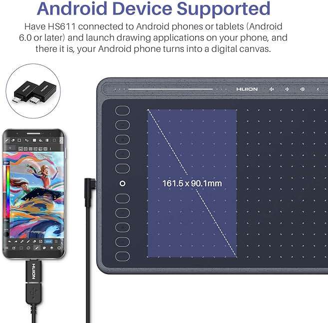 HUION HS611 Graphics Drawing Tablet Android Support Digital Art Tablet with Battery-Free Stylus 8192 Pen Pressure Tilt 8 Multimedia Keys 10 Hot Keys and Touch Ring, 10x6 inch Drawing Pad, Space Grey - Image 3