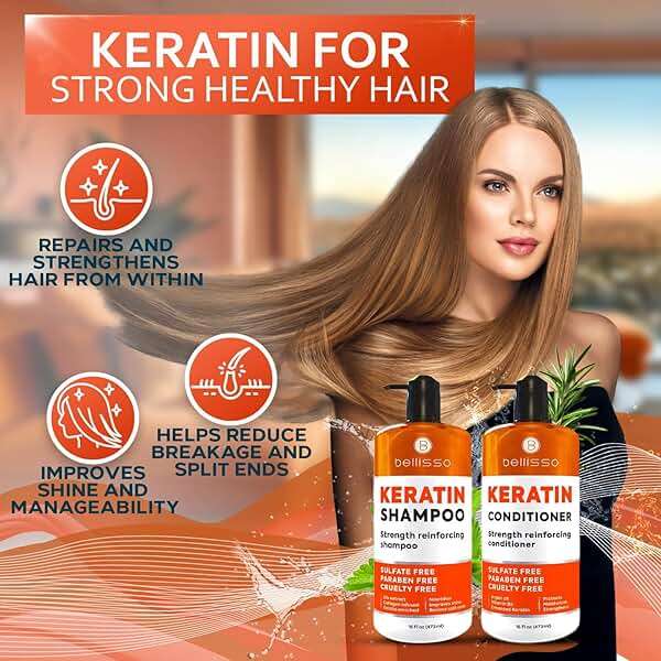 Keratin Shampoo and Conditioner Set - Sulfate Free and Paraben Free - Salon Thickening Treatment for Dry, Damaged, Curly, Frizzy, Straight or Color Treated Hair - Anti Frizz Formula for Women and Men - Image 2