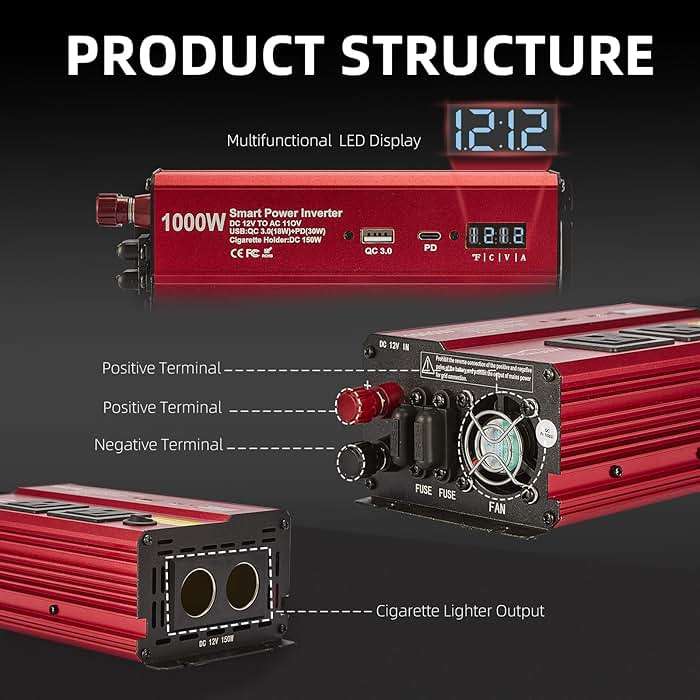 TWING Car 1000w Inverter,12v DC to 110v Power Inverters for Vehicles 1000 watt with Dual AC Outlets 3.0A USB and Type-C,12 Volt Inverter Car Cigarette Lighter Battery - Image 8