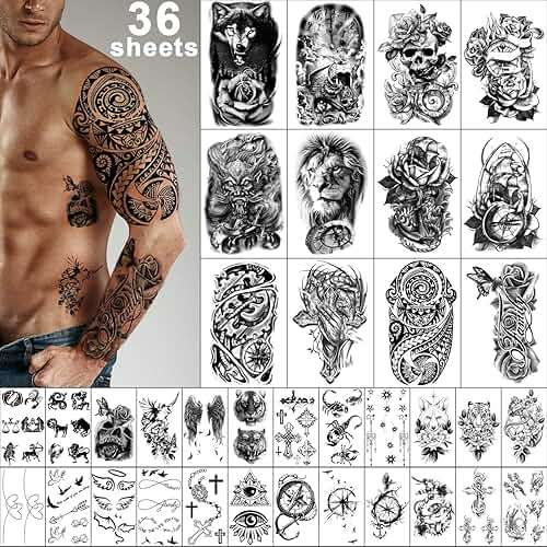 Yazhiji 36 Sheets Temporary Tattoos Stickers, 12 Sheets Fake Body Arm Chest Shoulder Tattoos for Men or Women with 24 PCS Tiny Black Tattoos - Image 1