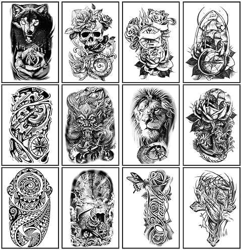 Yazhiji 36 Sheets Temporary Tattoos Stickers, 12 Sheets Fake Body Arm Chest Shoulder Tattoos for Men or Women with 24 PCS Tiny Black Tattoos - Image 2