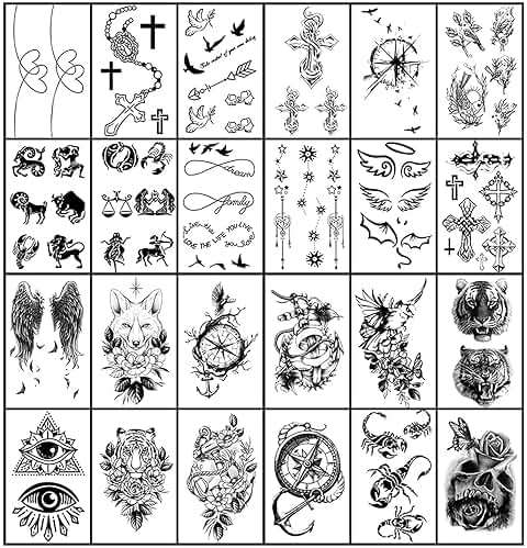 Yazhiji 36 Sheets Temporary Tattoos Stickers, 12 Sheets Fake Body Arm Chest Shoulder Tattoos for Men or Women with 24 PCS Tiny Black Tattoos - Image 3