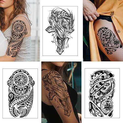 Yazhiji 36 Sheets Temporary Tattoos Stickers, 12 Sheets Fake Body Arm Chest Shoulder Tattoos for Men or Women with 24 PCS Tiny Black Tattoos - Image 5