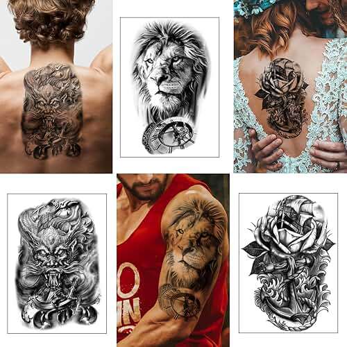 Yazhiji 36 Sheets Temporary Tattoos Stickers, 12 Sheets Fake Body Arm Chest Shoulder Tattoos for Men or Women with 24 PCS Tiny Black Tattoos - Image 6
