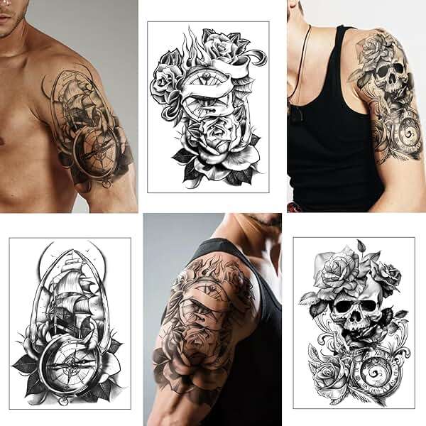 Yazhiji 36 Sheets Temporary Tattoos Stickers, 12 Sheets Fake Body Arm Chest Shoulder Tattoos for Men or Women with 24 PCS Tiny Black Tattoos - Image 7