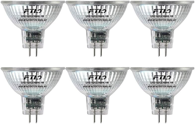 FTL MR16 LED Light Bulbs 3000K Warm White AC/DC 12V Non Dimmable Glass Cover 5W 500lm GU5.3 Spotlight 50W Halogen Replacement for Track Lighting and Outdoor Landscape 6-Pack - Product Image