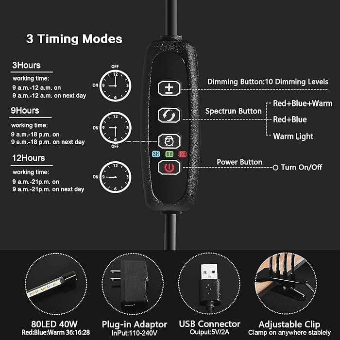 LEOTER Grow Light for Indoor Plants - Upgraded Version 80 LED Lamps with Full Spectrum & Red Blue Spectrum, 3/9/12H Timer, 10 Dimmable Level, Adjustable Gooseneck,3 Switch Modes - Image 5