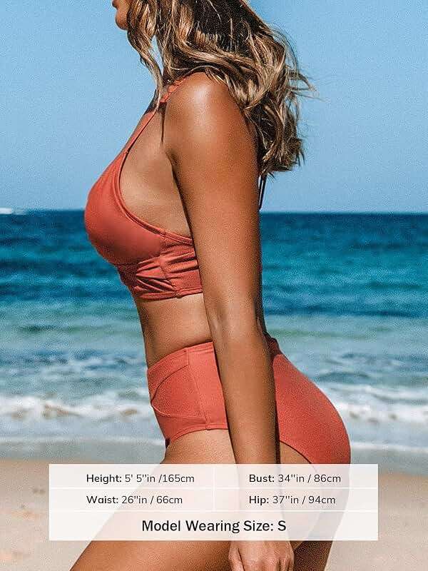 CUPSHE Women's Bikini Sets Two Piece Swimsuit High Waisted V Neck Twist Front Adjustable Spaghetti Straps Bathing Suit - Image 3