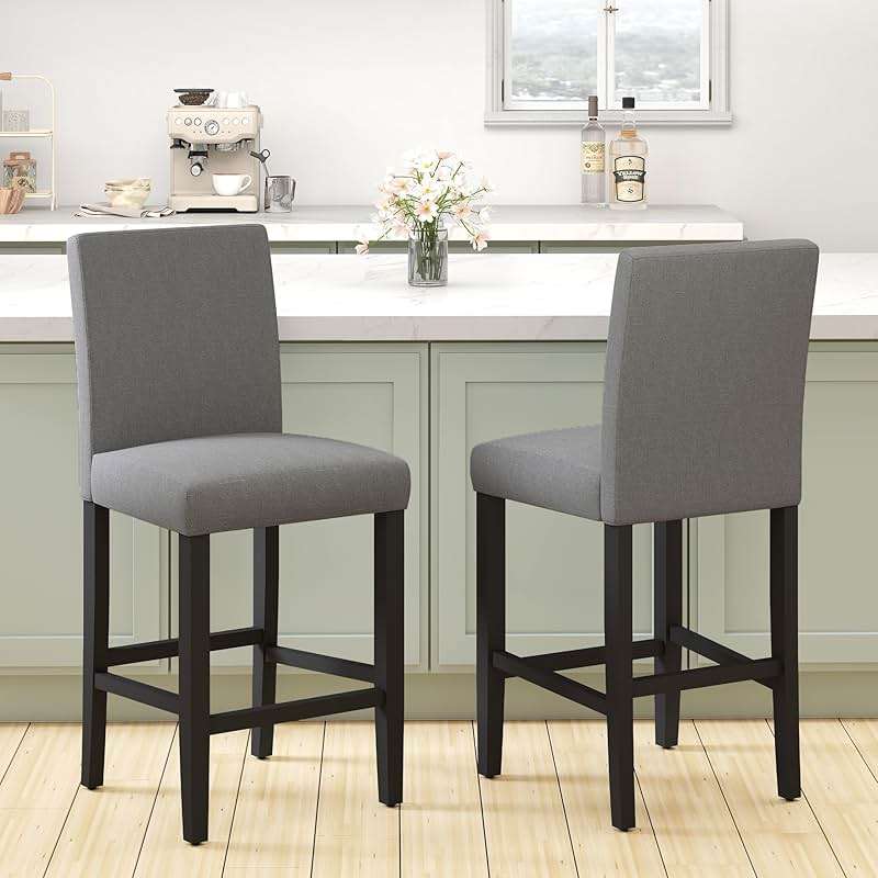 LSSPAID Bar Stools Set of 2, 24.8 Inch Upholstered Fabric Counter Height Stools, Modern Kitchen Island Wood Bar Chairs Barstools with Backrest and Solid Wood Legs, Grey - Image 2