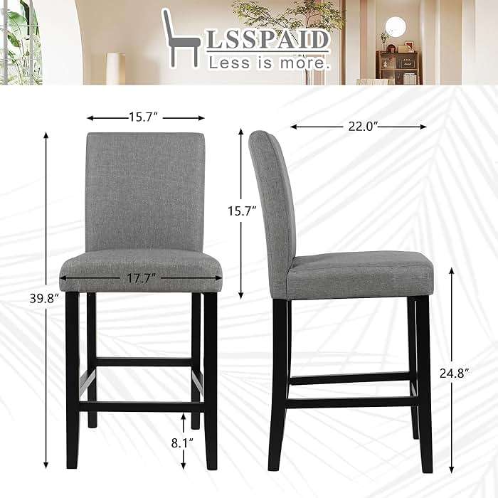 LSSPAID Bar Stools Set of 2, 24.8 Inch Upholstered Fabric Counter Height Stools, Modern Kitchen Island Wood Bar Chairs Barstools with Backrest and Solid Wood Legs, Grey - Image 3