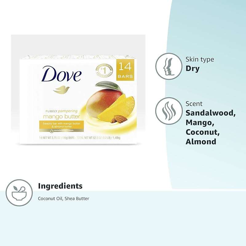 Dove Beauty Bar With Mango Butter 14 Bars To Moisturize Dry Skin More Moisturizing Than Bar Soap 3.75 oz - Image 4