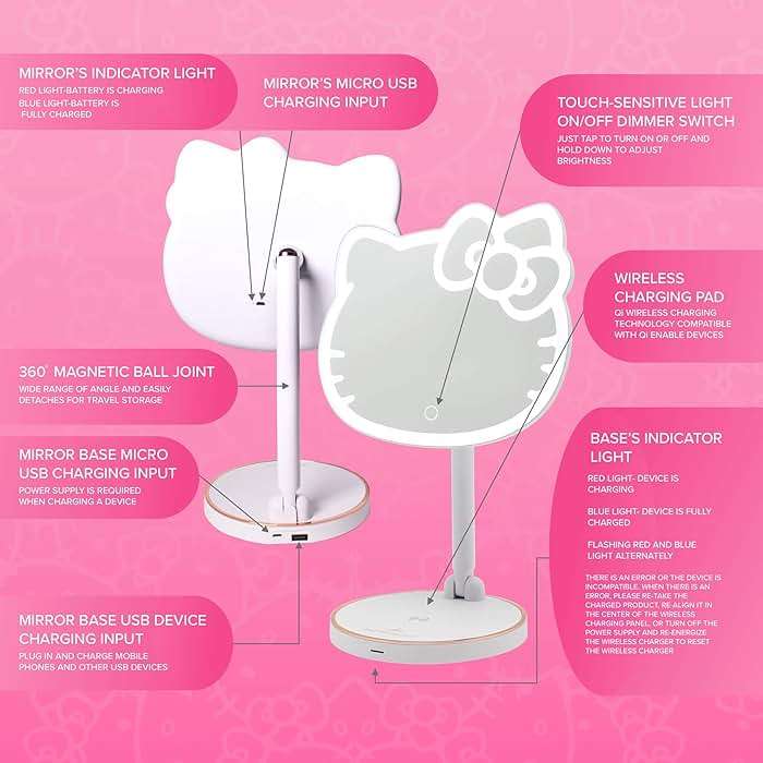 Impressions Vanity Hello Kitty Tabletop Mount LED Cordless Makeup Mirror with 360 Degree Rotation, Touch Sensor Desk Mirror with Light Strip and Adjustable Brightness - Image 4