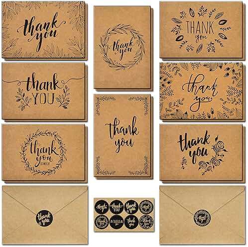 caqpo Thank You Cards With Envelopes - 160 Sets Premium Kraft Thank You Cards Bulk - TY Notes with 8 Graceful Designs - Floral Card for Celebration, Wedding, Baby & Bridal Shower 4x6 - Image 1