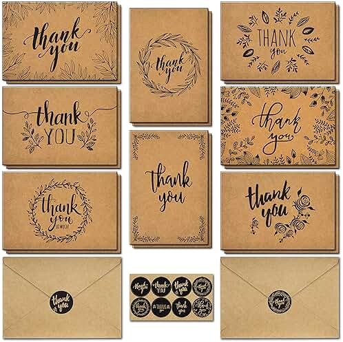caqpo Thank You Cards With Envelopes - 160 Sets Premium Kraft Thank You Cards Bulk - TY Notes with 8 Graceful Designs - Floral Card for Celebration, Wedding, Baby & Bridal Shower 4x6 - Product Image