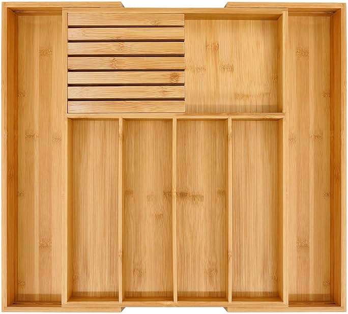 VaeFae Bamboo Silverware Drawer Organizer Kitchen, Expandable Utensil Organizer with Knife Block, Cutlery Tray with Divider, Multifunctional Drawer Organizer - Image 1