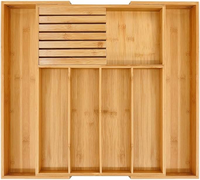 VaeFae Bamboo Silverware Drawer Organizer Kitchen, Expandable Utensil Organizer with Knife Block, Cutlery Tray with Divider, Multifunctional Drawer Organizer - Product Image