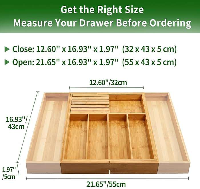 VaeFae Bamboo Silverware Drawer Organizer Kitchen, Expandable Utensil Organizer with Knife Block, Cutlery Tray with Divider, Multifunctional Drawer Organizer - Image 2