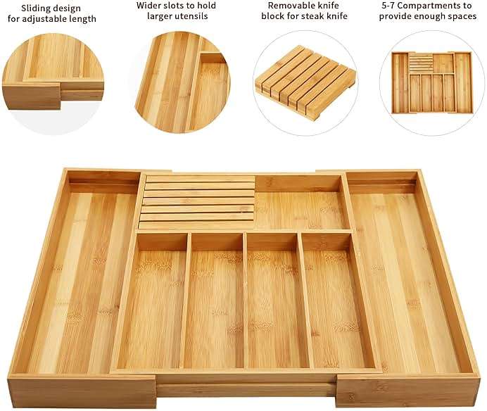 VaeFae Bamboo Silverware Drawer Organizer Kitchen, Expandable Utensil Organizer with Knife Block, Cutlery Tray with Divider, Multifunctional Drawer Organizer - Image 4