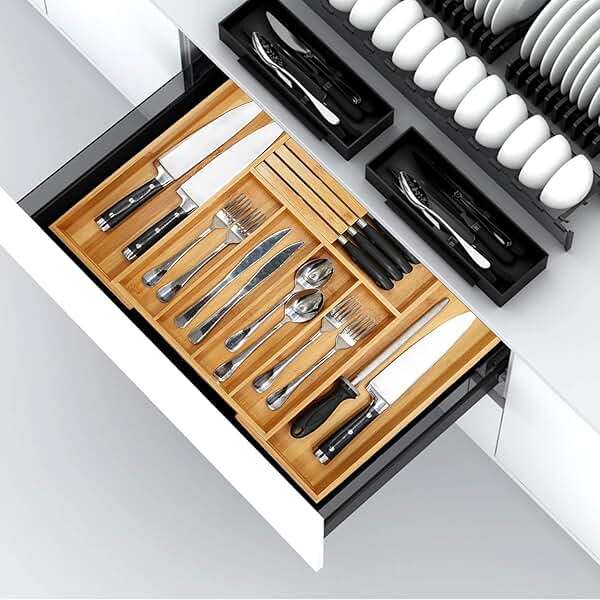VaeFae Bamboo Silverware Drawer Organizer Kitchen, Expandable Utensil Organizer with Knife Block, Cutlery Tray with Divider, Multifunctional Drawer Organizer - Image 6