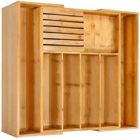 VaeFae Bamboo Silverware Drawer Organizer Kitchen, Expandable Utensil Organizer with Knife Block, Cutlery Tray with Divider, Multifunctional Drawer Organizer - Image 7