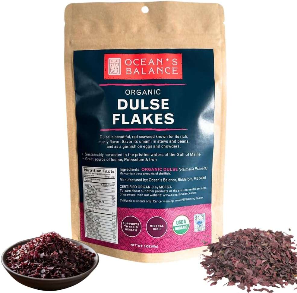 Ocean's Balance Organic Dulse Flakes — Atlantic Dulse Organic Flakes for Keto, Paleo Diet, Vegetarian & Vegan Diets — Dried Vegetable Gluten Free Products (3oz/Bag) - Image 1