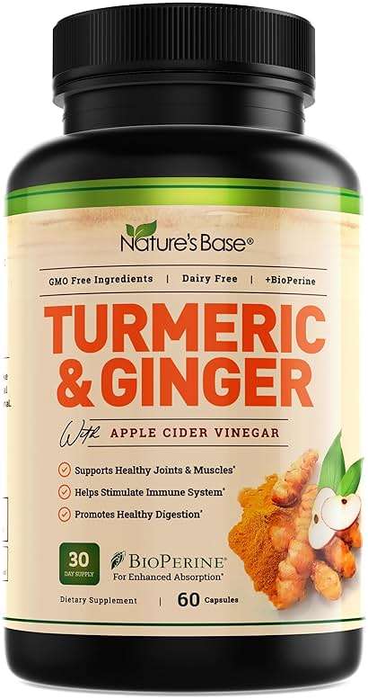 Nature's Base Turmeric and Ginger Supplement - with Curcumin, Apple Cider Vinegar & BioPerine Black Pepper Extract - 95% Curcuminoids - 60 Capsules - Image 1