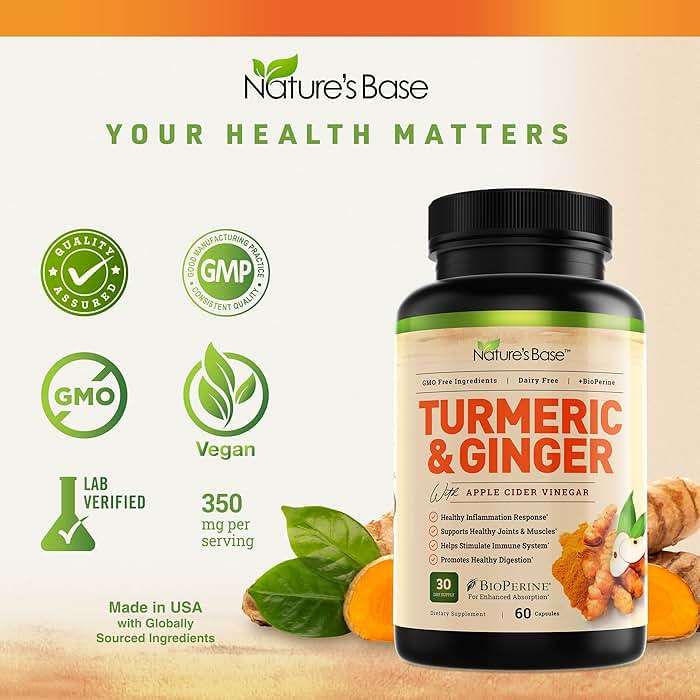 Nature's Base Turmeric and Ginger Supplement - with Curcumin, Apple Cider Vinegar & BioPerine Black Pepper Extract - 95% Curcuminoids - 60 Capsules - Image 5