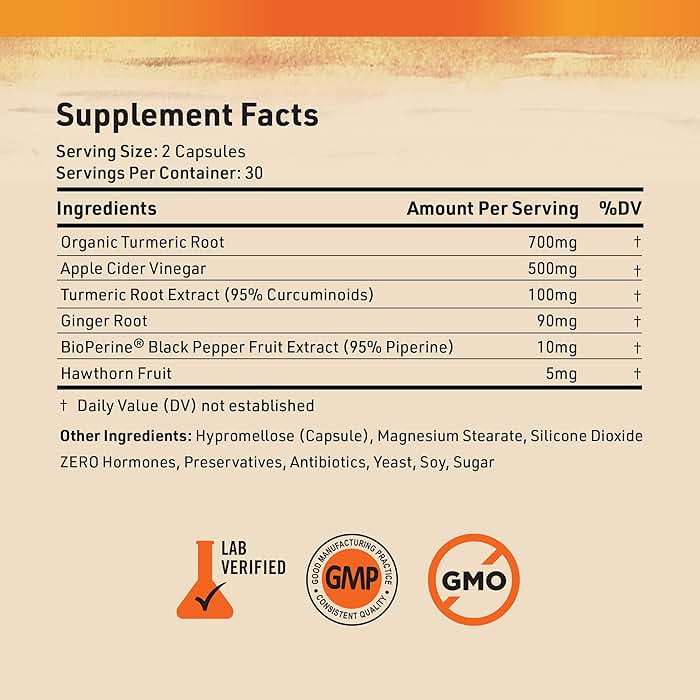 Nature's Base Turmeric and Ginger Supplement - with Curcumin, Apple Cider Vinegar & BioPerine Black Pepper Extract - 95% Curcuminoids - 60 Capsules - Image 7