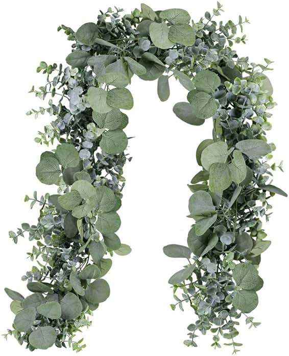Winlyn 5.9' Long Faux Silver Dollar Eucalyptus Leaves Greenery Artificial Garland in Grey Green for Wedding Arch Swag Backdrop Doorways Table Runner Indoor Outdoor - Image 1